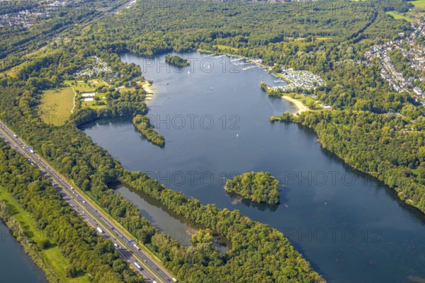 Aerial view, Unterbacher See with lido and campsite, sunny island, motorway A46, Unterbach,