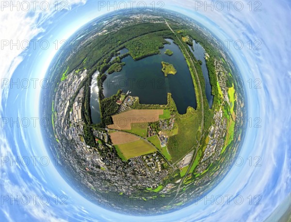 Aerial photo, Elbsee and Unterbacher See with forest area, motorway A46 at Hasseler Forst, earth