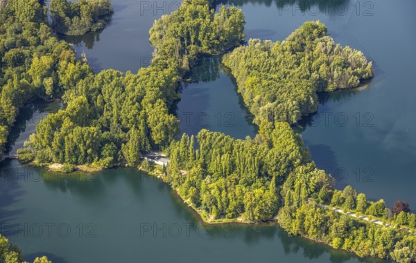 Aerial view, Elbsee and Menzelsee, footpath and green trees, Unterbach, Düsseldorf, Ruhr area,