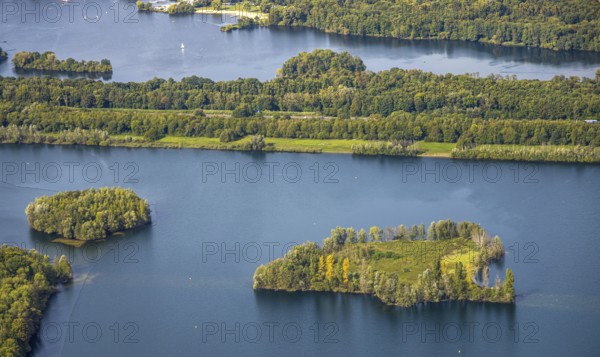 Aerial view, Elbsee and Elbsee Island, A46 motorway, Unterbach, Düsseldorf, Ruhr area, North