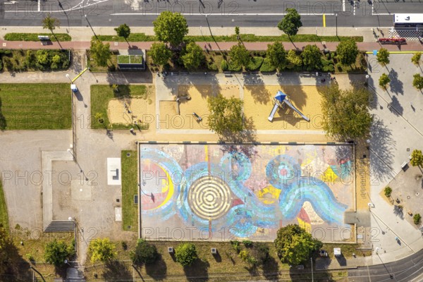 Aerial view, playground Kamper Acker, Holthausen, Düsseldorf, Ruhr area, North Rhine-Westphalia,