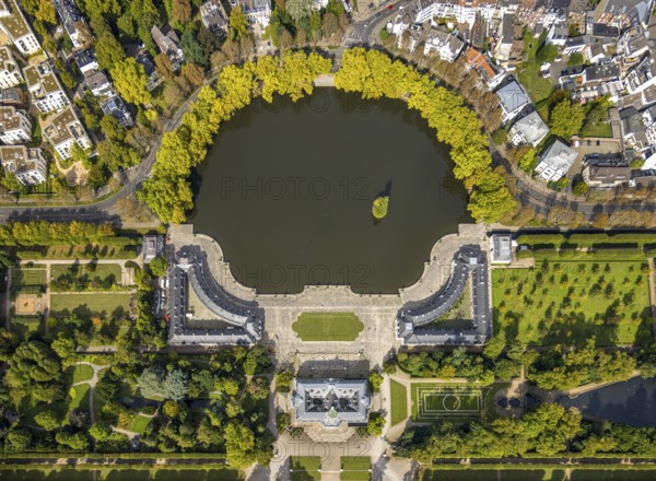 Aerial view, Benrath Castle with castle park and castle pond, Benrath, Düsseldorf, Ruhr area, North