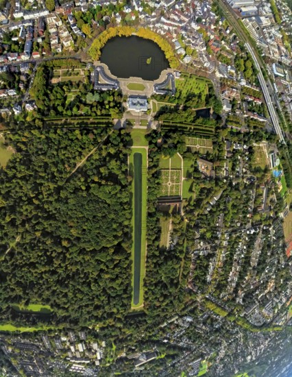 Aerial view, Benrath Castle with castle park and castle pond, globe, fisheye image, 360 degree