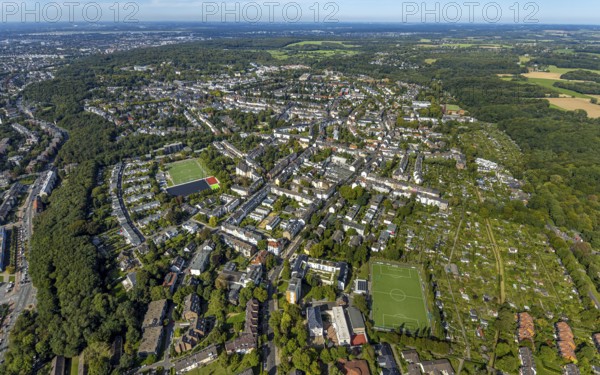 Aerial view, residential area district Gerresheim, sports field football stadium DJK Sportfreunde