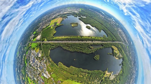 Aerial photo, Elbsee and Unterbacher See with forest area, motorway A46 at Hasseler Forst, earth