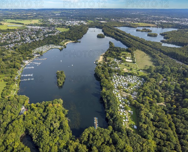 Aerial view, Unterbacher See with lido and campsite, motorway A46, Unterbach, Düsseldorf, Ruhr