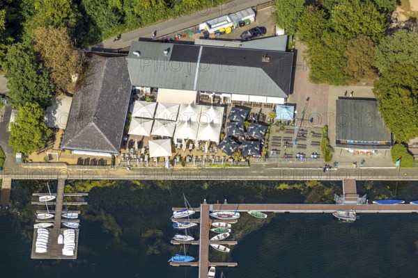 Aerial view, Se (h) restaurant at the boat harbour, outdoor gastronomy with deckchairs, benches and