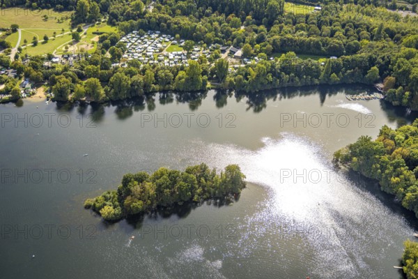 Aerial view, wooded island and campsite south Unterbacher See, Unterbach, Düsseldorf, Ruhr area,