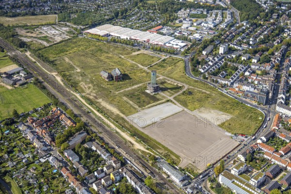 Aerial view, glassmaking quarter, historical sight of a former colliery, construction site with new