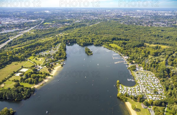 Aerial view, Unterbacher See with lido and campsite, Eller Forst, Unterbach, Düsseldorf, Ruhr area,