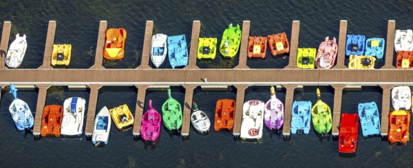 Aerial view, sailing boats at a jetty on the Unterbacher See at the campsite north, Unterbach,