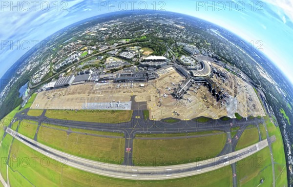 Aerial view, DUS Airport Düsseldorf with reception building and commercial area DUS Airport-City,