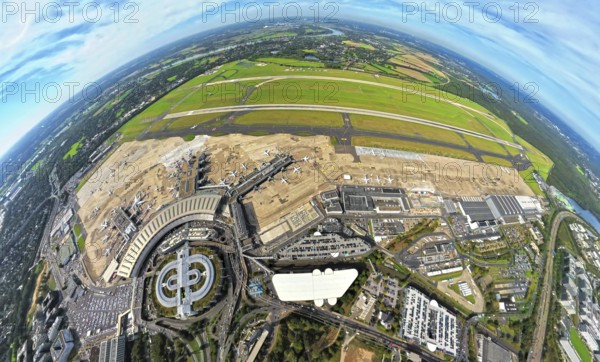 Aerial photo, DUS Airport Düsseldorf with reception building, globe, fisheye image, fisheye image,