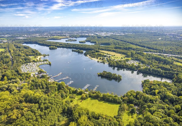 Aerial view, Unterbacher See with lido and campsite, motorway A46, Unterbach, Düsseldorf, Ruhr