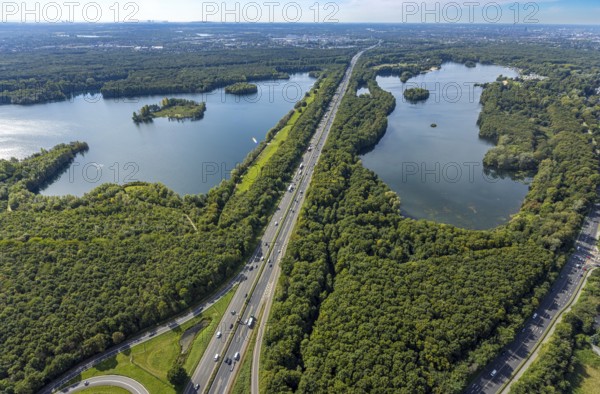 Aerial view, Elbsee with Elbsee island and Unterbacher See with Sonneninsel, motorway A46,