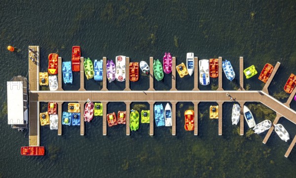 Aerial view, colourful pedal boats at a jetty on the Unterbacher See at the campsite north,