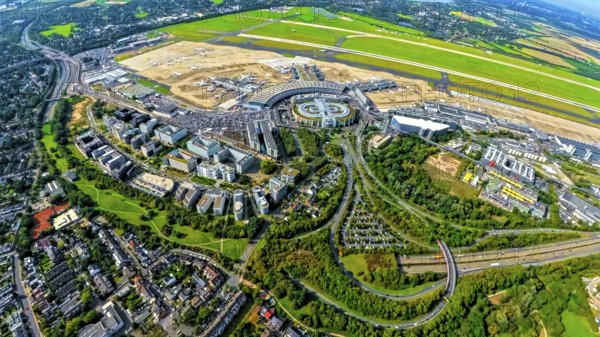 Aerial view, DUS Airport Düsseldorf with reception building and commercial area DUS Airport-City,