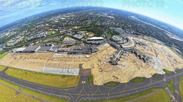 Aerial view, DUS Airport Düsseldorf with reception building and commercial area DUS Airport-City,
