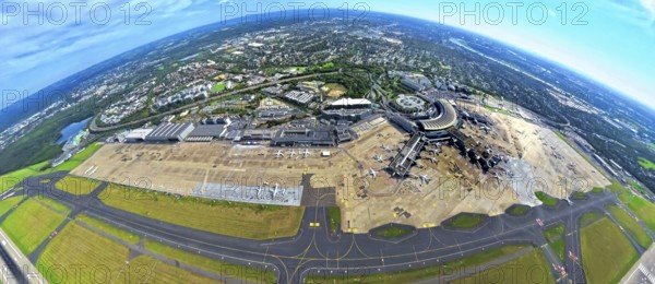 Aerial view, DUS Airport Düsseldorf with reception building and commercial area DUS Airport-City,