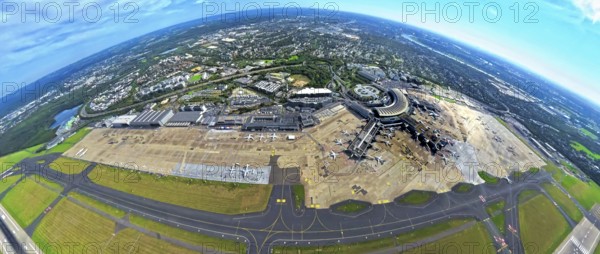 Aerial view, DUS Airport Düsseldorf with reception building and commercial area DUS Airport-City,