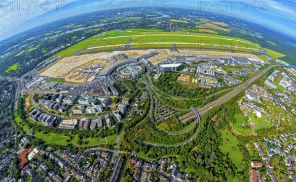 Aerial view, DUS Airport Düsseldorf with reception building and commercial area DUS Airport-City,