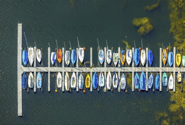 Aerial view, sailing boats at a jetty on the Unterbacher See at the campsite north, Unterbach,