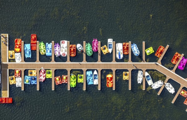 Aerial view, colourful pedal boats at a jetty on the Unterbacher See at the campsite north,