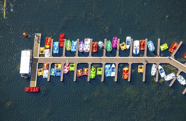 Aerial view, colourful pedal boats at a jetty on the Unterbacher See at the campsite north,
