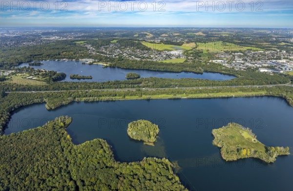 Aerial view, Elbsee with Elbsee island and Unterbacher See with Sonneninsel, motorway A46,
