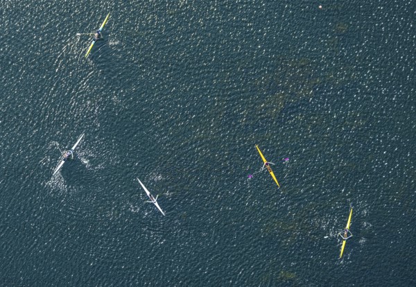 Aerial photo, canoeist on the Unterbacher See, shapes and colours, Unterbach, Düsseldorf, Ruhr