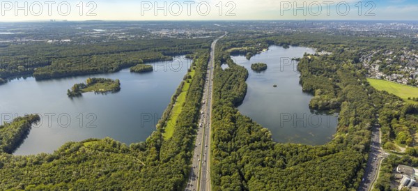 Aerial view, Elbsee with Elbsee island and Unterbacher See with Sonneninsel, motorway A46,