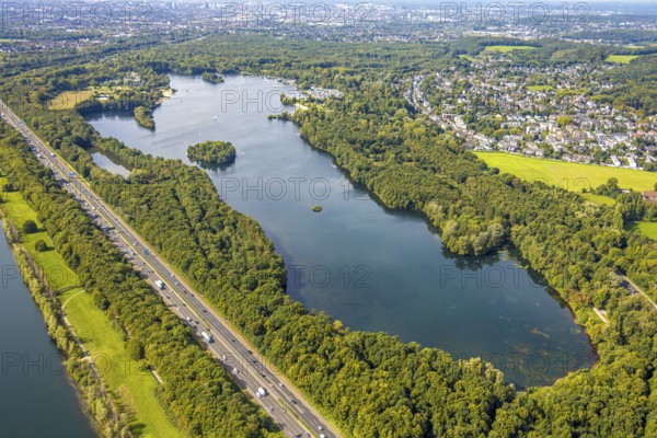 Aerial view, Unterbacher See with lido and campsite, sunny island, motorway A46, Unterbach,