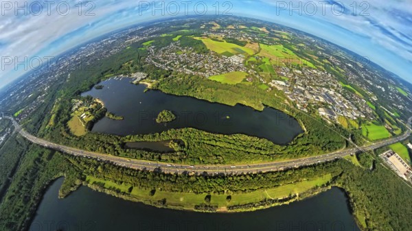 Aerial photo, Elbsee and Unterbacher See with forest area, motorway A46 at Hasseler Forst, earth