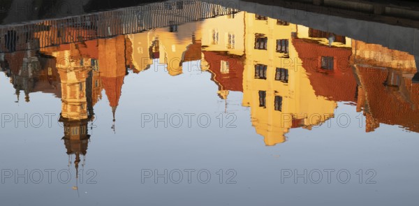 Waterfront promenade with reflection at sunrise in the Old Town, Motlawa River, Gdansk, Gdansk,
