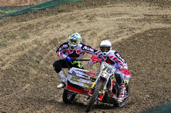 Motocross, Rudersberg, Baden-Württemberg, Germany, Europe, Rider with sidecar riding through an