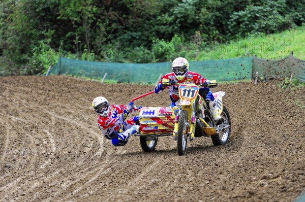 Motocross, Rudersberg, Baden-Württemberg, Germany, Europe, Rider duo with sidecar at high speed