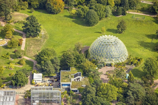 Aerial view, Botanical Garden and Dome Greenhouse, Bilk, Düsseldorf, Ruhr area, North