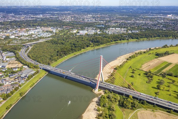 Aerial view, Fleher Bridge with bridge pylon over the river Rhine, inland navigation, motorway A46,