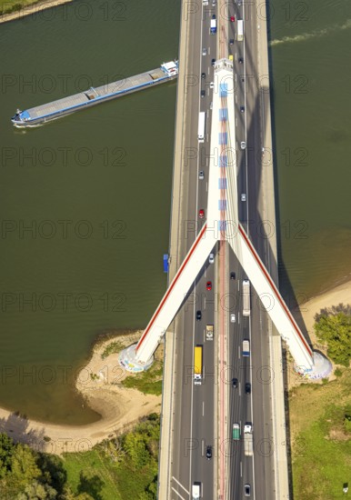Aerial view, Fleher Bridge with bridge pylon over the river Rhine, inland navigation, motorway A46,