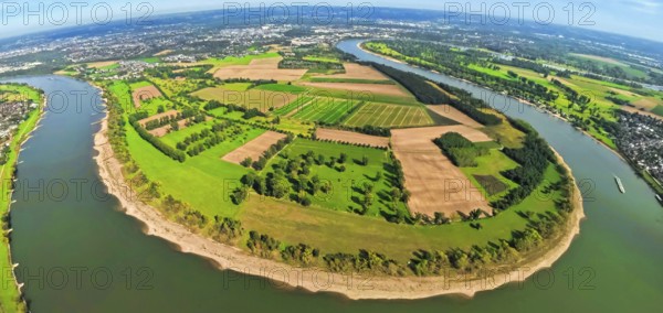 Aerial view, Himmelgeister Rheinbogen nature reserve, agricultural areas, river Rhine, earth globe,