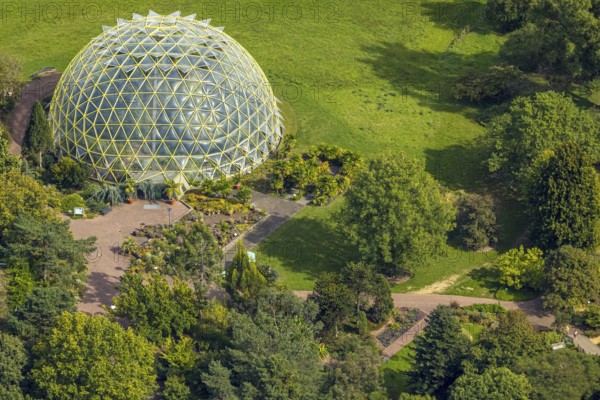 Aerial view, Botanical Garden and Dome Greenhouse, Bilk, Düsseldorf, Ruhr area, North