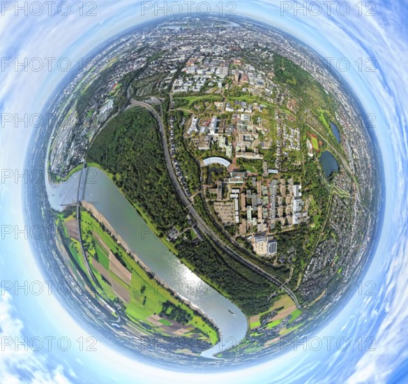 Aerial photo, Heinrich-Heine-University at the river Rhine, motorway A46 and Münchener Straße at