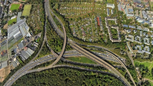Aerial view, motorway junction Düsseldorf Bik, motorway A46 and Münchener Straße, globe, fisheye