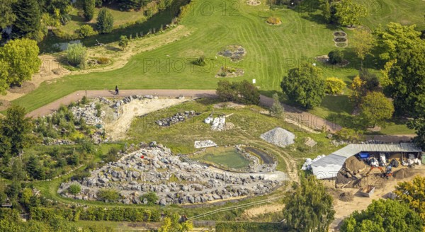 Aerial view, Alpinum stone landscape in the botanical garden, Bilk, Düsseldorf, Ruhr area, North