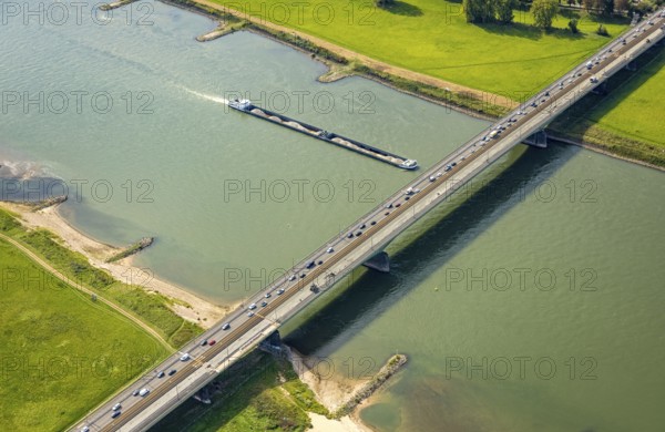 Aerial view, construction site and one-way navigable Josef-Kardinal-Frings-Bridge over the river
