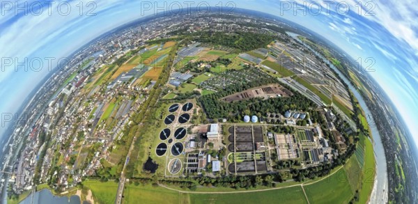 Aerial view, sewage treatment plant Düsseldorf-Süd Volmerswerth, earth globe, fisheye image, 360