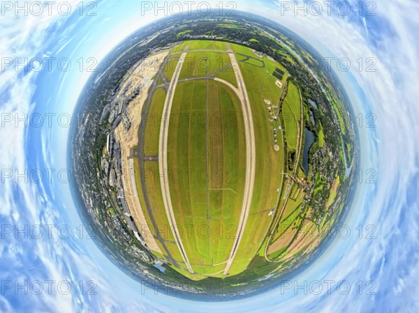 Aerial photo, DUS Airport Düsseldorf Airport with runway and landing strip, globe, fisheye image,