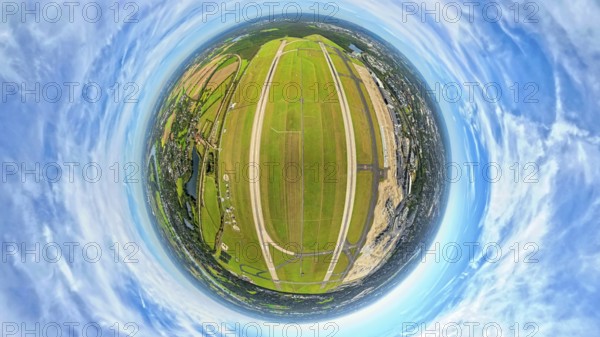 Aerial photo, DUS Airport Düsseldorf Airport with runway and landing strip, globe, fisheye image,