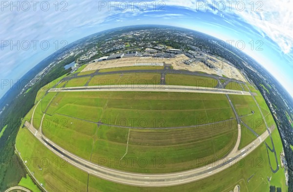 Aerial photo, DUS Airport Düsseldorf with runway and landing strip, globe, fisheye image, 360
