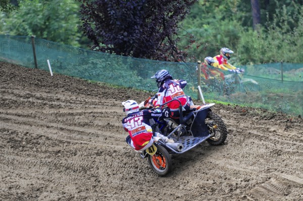 Motocross, Rudersberg, Baden-Württemberg, Germany, Europe, Two riders on a motorbike with sidecar
